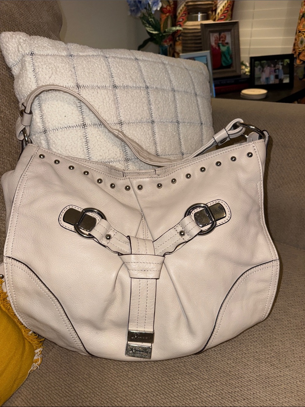 b. makowsky Cream Leather Shoulder Bag with Buckle Detail